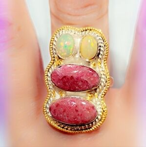 Thulite & Ethiopian Opal Custom Sterling  Quadruple Stone Gemstone Ring
